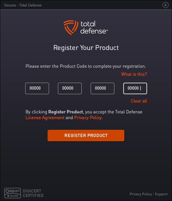 Registration Code screen