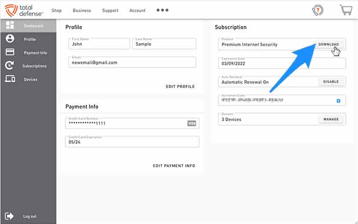 download product from account dashboard screen