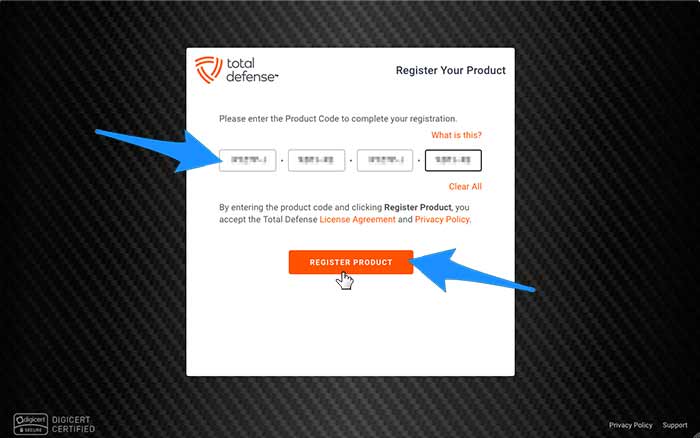 register product code screen
