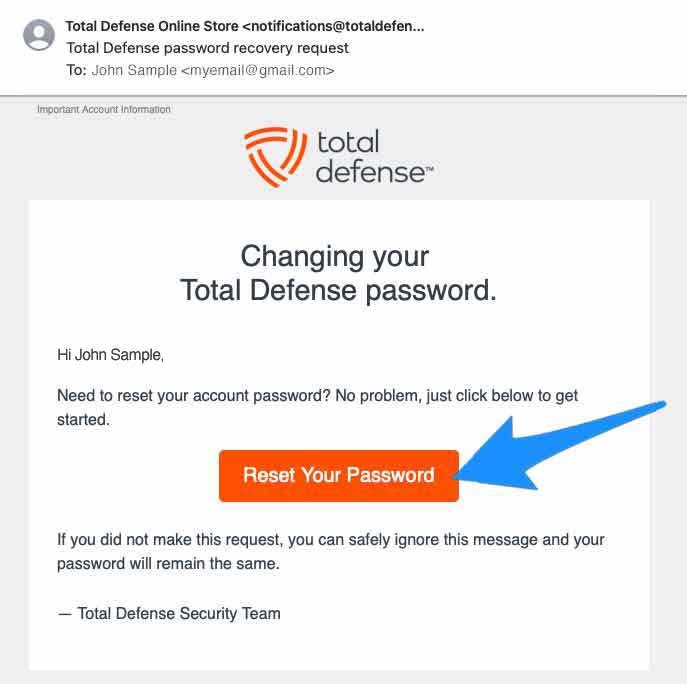 Total Defense password recover request email